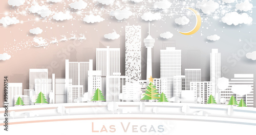 Las Vegas Nevada USA City Skyline in Paper Cut Style with Snowflakes  Moon and Neon Garland.