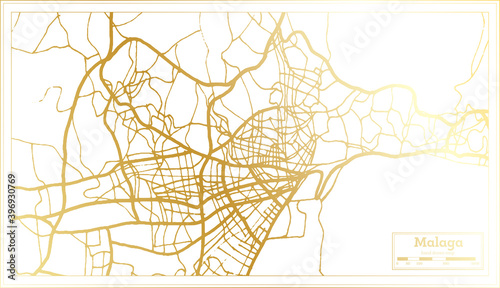 Malaga Spain City Map in Retro Style in Golden Color. Outline Map.