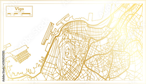 Vigo Spain City Map in Retro Style in Golden Color. Outline Map.