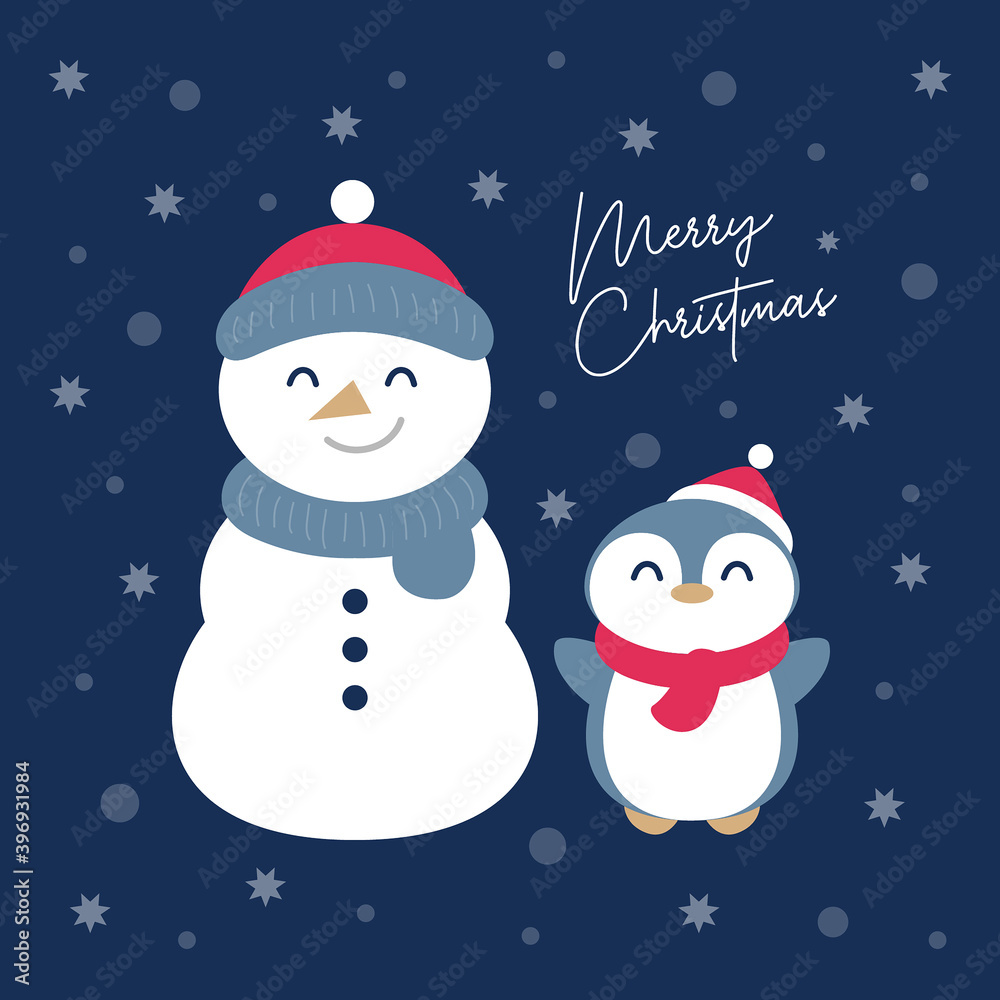 Fototapeta premium christmas snowman and happy penguin