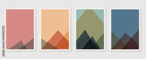 Mountain wall art vector set. Earth tones landscapes backgrounds set with moon and sun.  Abstract Plant Art design for print, cover, wallpaper, Minimal and  natural wall art. Vector illustration.