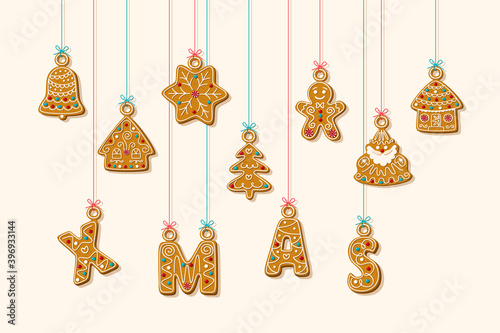 Hanging letters and gingerbread cookies. Xmas phrase with gingerbread house and gingerbread man on white background. Vector illustration