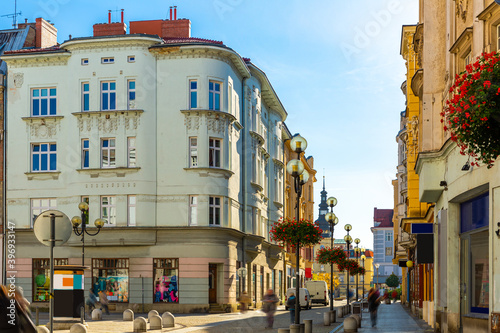 Peculiar architecture of Ostrava streets. View of colorful buildings on old street in Czech city on autumn day