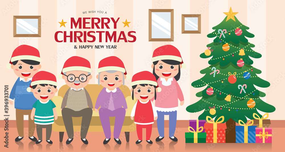 Merry Christmas banner Illustration with happy family reunion and christmas tree in living room.  