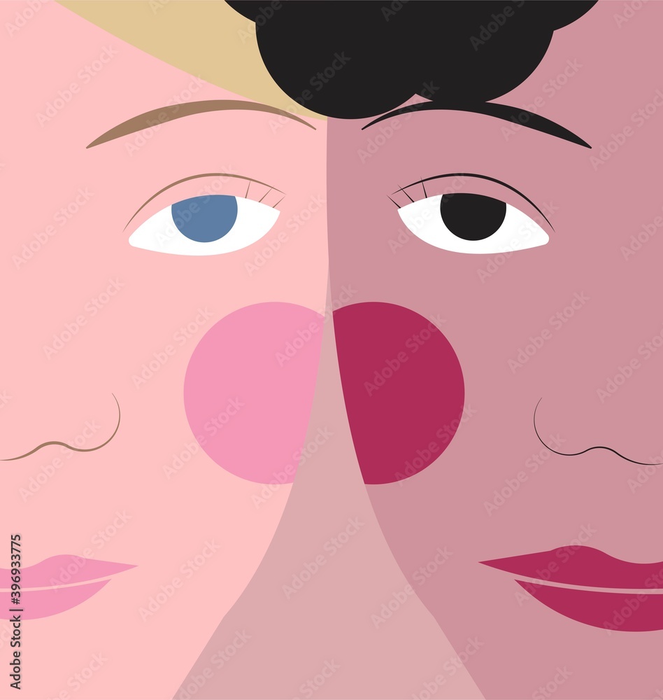 Two girls with different skin tones and ethnicities. Diversity concept illustration. Two girls with different skin tones and ethnicities. Diversity concept illustration.