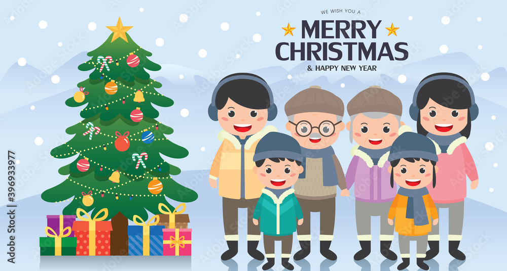 Merry Christmas banner illustration with happy family wear the winter clothes at outdoor. Having a family group photo with christmas tree. Merry Christmas banner illustration with happy family wear the winter clothes at outdoor. Having a family group photo with christmas tree.