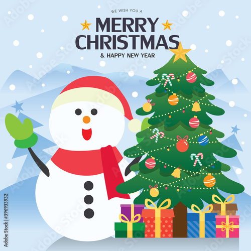 Merry Christmas greeting card illustration with a snowman and christmas tree at outdoor.