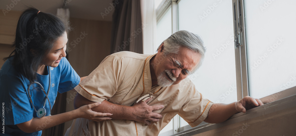 Fototapeta premium Elderly senior male patients have chest pain and heart disease, Grey haired man touching chest, having heart attack