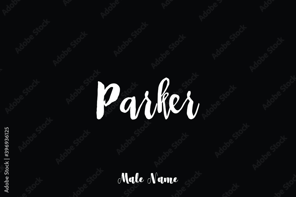 Parker.-Male Name Cursive Calligraphy White Color Text on Black Background Parker.-Male Name Cursive Calligraphy White Color Text on Black Background