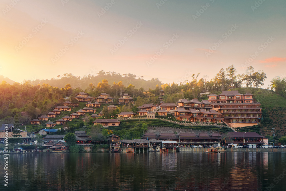 Ban Rak Thai Village is a Chinese settlement with lake during sunset in Mae Hong Son province near Chiangmai, Thailand.