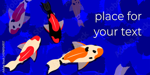 banner, postcard and poster with koi carps on a textured background in indigo color.  for packaging, paper, cover, fabric, interior decor and clothes