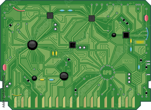 The computing module circuit Board. Green graphics video card. Printed computer motherboard with microcircuit. Electronic  background