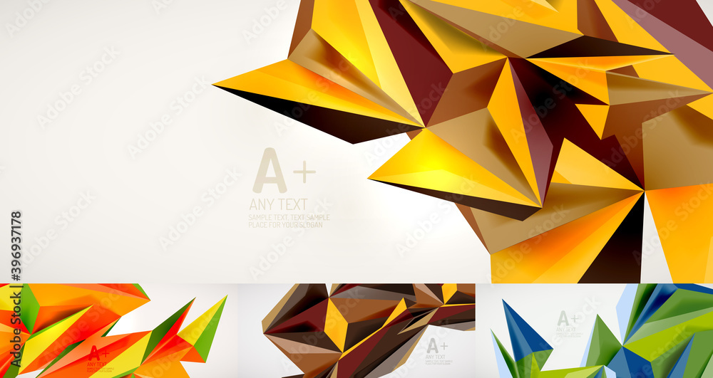 Set of 3d low poly style geometric shape on light backgrounds Set of 3d low poly style geometric shape on light backgrounds