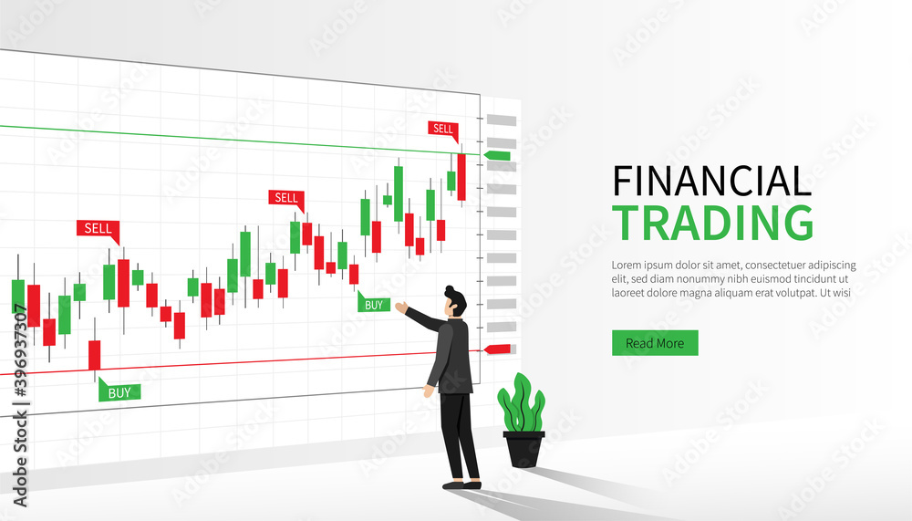 Landing page template of financial trading. Man analyzing indicator of forex trading symbol. Landing page template of financial trading. Man analyzing indicator of forex trading symbol.