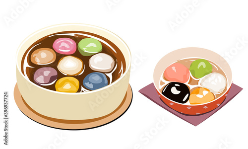 set of tang yuan or glutinous rice balls in a bolw with ginger soup, close up realistic hand drawing vector illustration. 