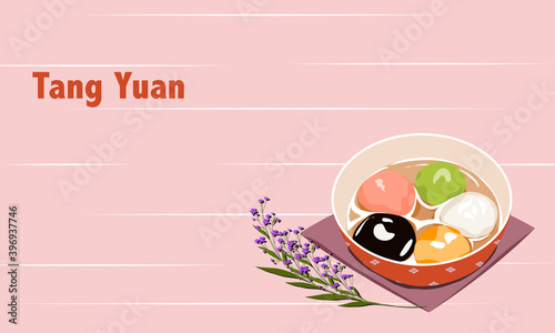  glutinous rice balls in a bolw with flower on pink background, close up realistic hand drawing vector illustration. 