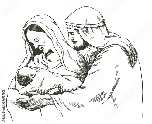 Hand drawn illustration of Joseph and Mary holding baby Jesus