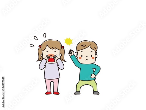 乱暴な男の子にたたかれて泣く女の子　子供同士のけんか