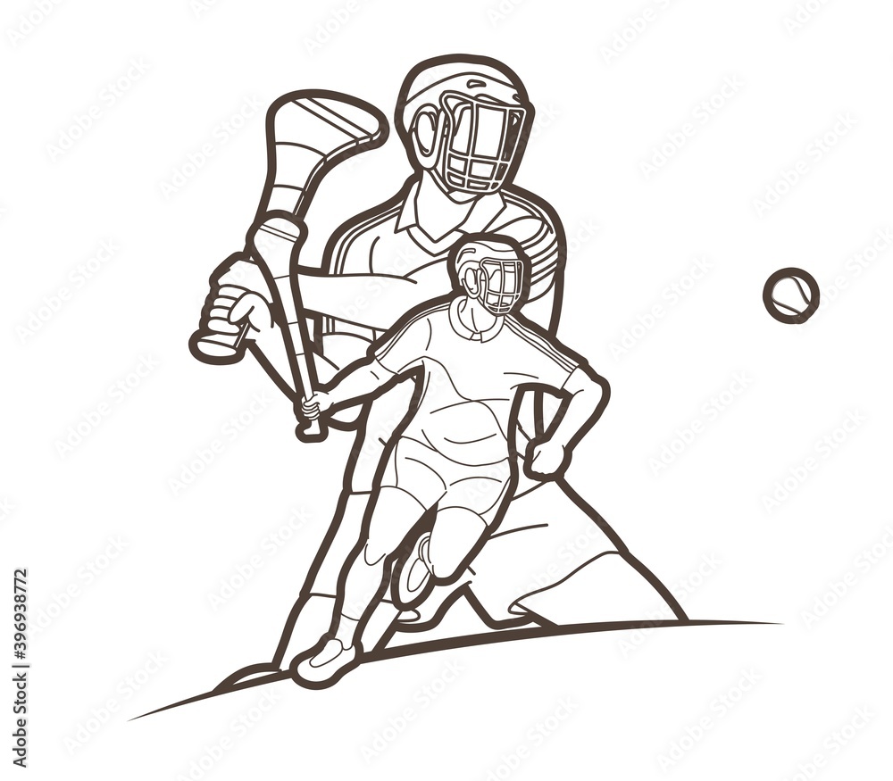Obraz premium Group of Hurling sport players action. Irish Hurley sport cartoon graphic vector.