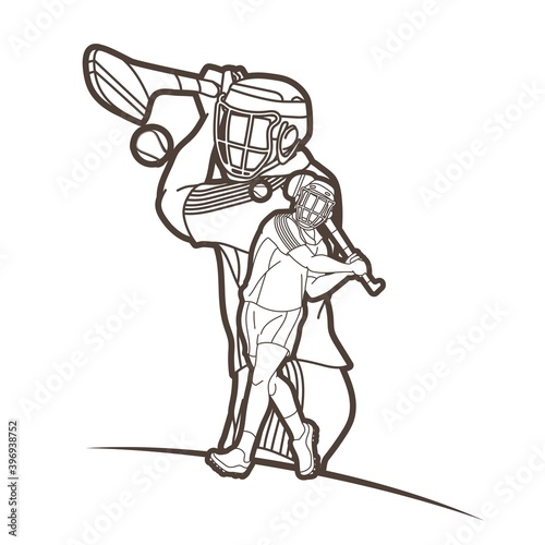 Group of Hurling sport players action. Irish Hurley sport cartoon graphic vector.