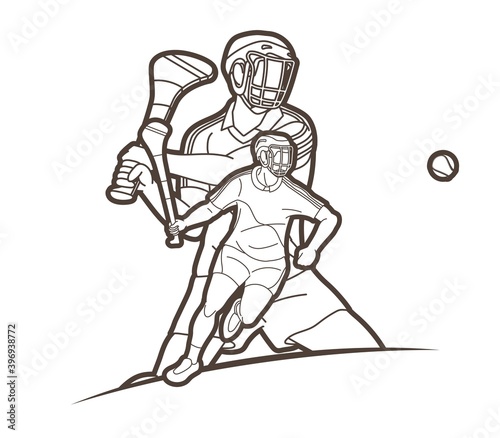 Group of Hurling sport players action. Irish Hurley sport cartoon graphic vector.