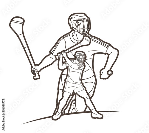 Group of Hurling sport players action. Irish Hurley sport cartoon graphic vector.