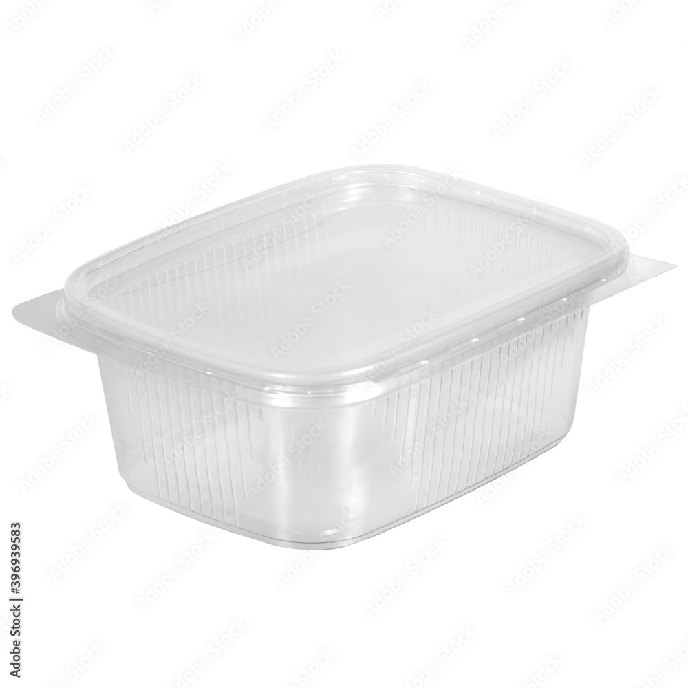 Reusable plastic transparent box for takeaway food, picnic, salad for shop isolated on white Reusable plastic transparent box for takeaway food, picnic, salad for shop isolated on white
