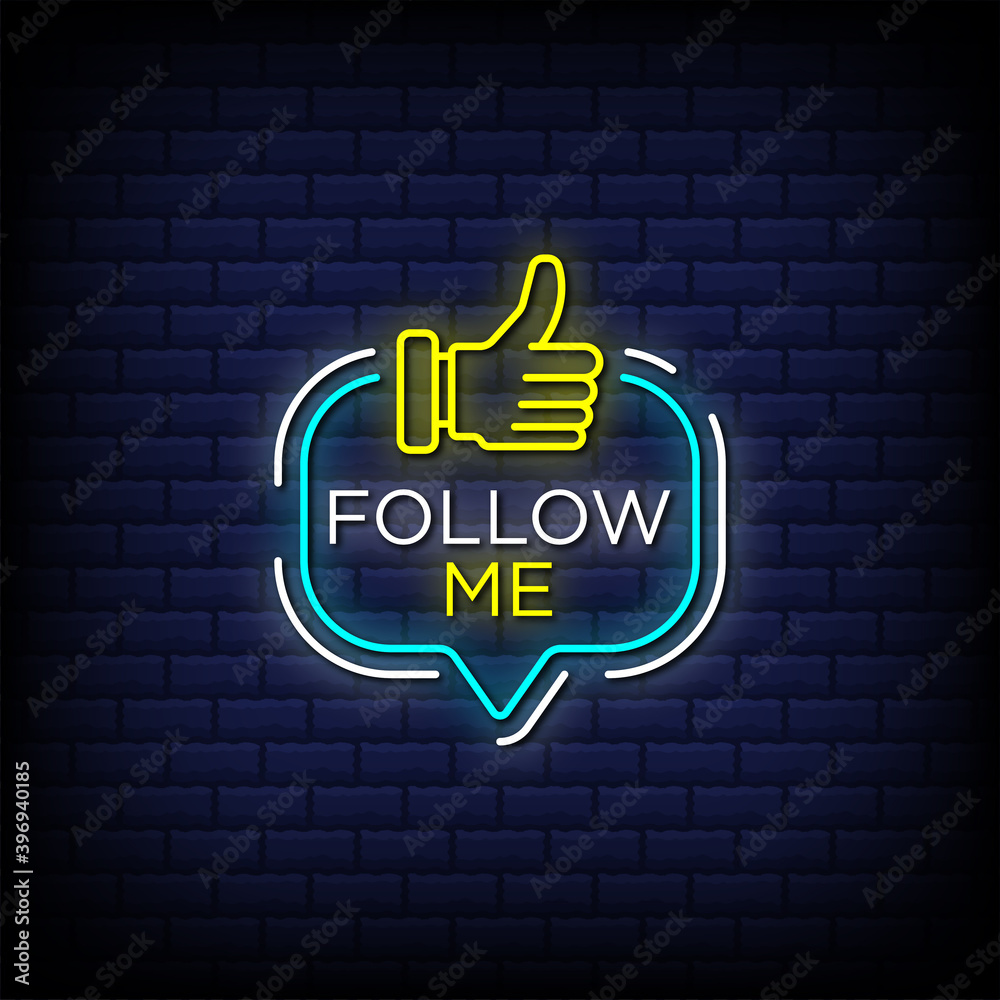 Follow me neon sign style text with thumbs up icon Stock Vector
