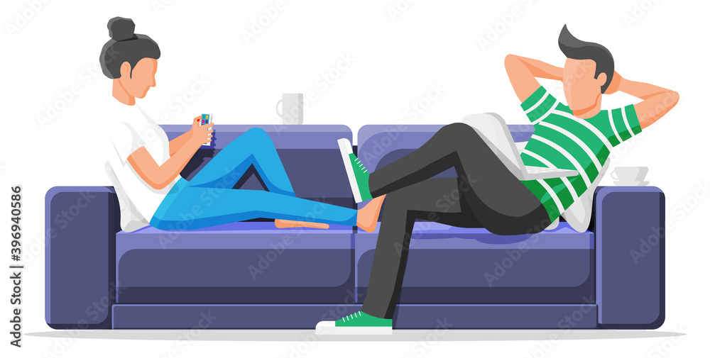 Man and woman sitting on sofa with notebook and smartphone. Boy with laptop and girl using phone sitting on couch. Freelance couple work from home. Online education, learning. Flat vector illustration Man and woman sitting on sofa with notebook and smartphone. Boy with laptop and girl using phone sitting on couch. Freelance couple work from home. Online education, learning. Flat vector illustration