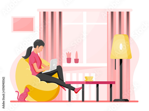 Freelancer woman with laptop in beanbag chair. Relaxed freelance businesswoman work at home. Female character in casual clothes sitting with computer. Table, lamp, coffee and plant. Flat style vector