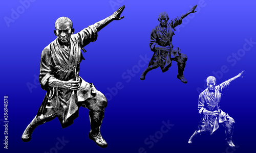 Ancient Shoalin monk warrior statues in a woodcut style, contains highlight and shadow versions