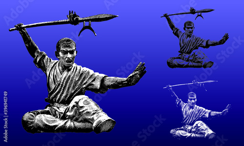 Ancient Shoalin monk warrior statues in a woodcut style, contains highlight and shadow versions