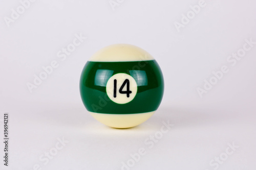 Shiny green white ball number 14 for billiard isolated on white background