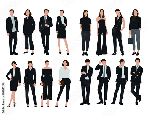 Vector of young businessman and women with suit, Business people, group of men and women, wearing working outfit, standing in white background
