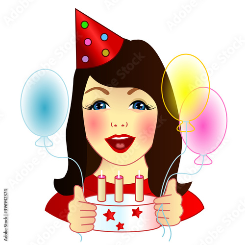 girl in a birthday cap sitting at a table on which stands a cake with candles, holding colorful balloons in her hands, vector emoticon