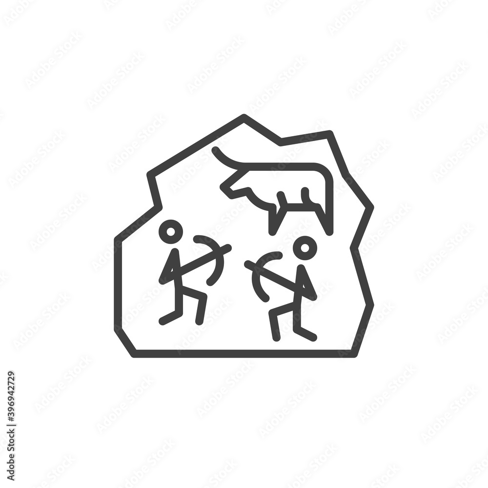 Ancient rock paintings line icon. linear style sign for mobile concept and web design. Ancient cave paint with hunter and animal outline vector icon. Symbol, logo illustration. Vector graphics Ancient rock paintings line icon. linear style sign for mobile concept and web design. Ancient cave paint with hunter and animal outline vector icon. Symbol, logo illustration. Vector graphics
