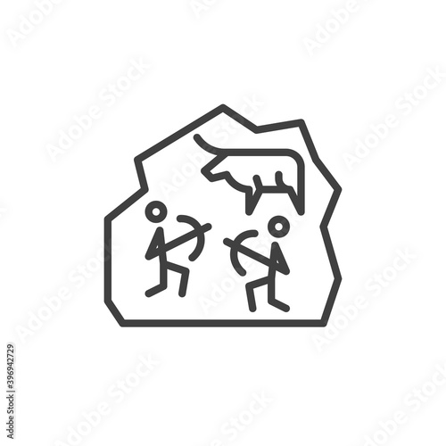 Ancient rock paintings line icon. linear style sign for mobile concept and web design. Ancient cave paint with hunter and animal outline vector icon. Symbol, logo illustration. Vector graphics