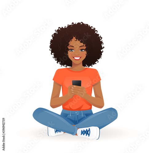 Young african woman using mobile phone sitting in lotus pose with crossed legs isolated vector illustration
