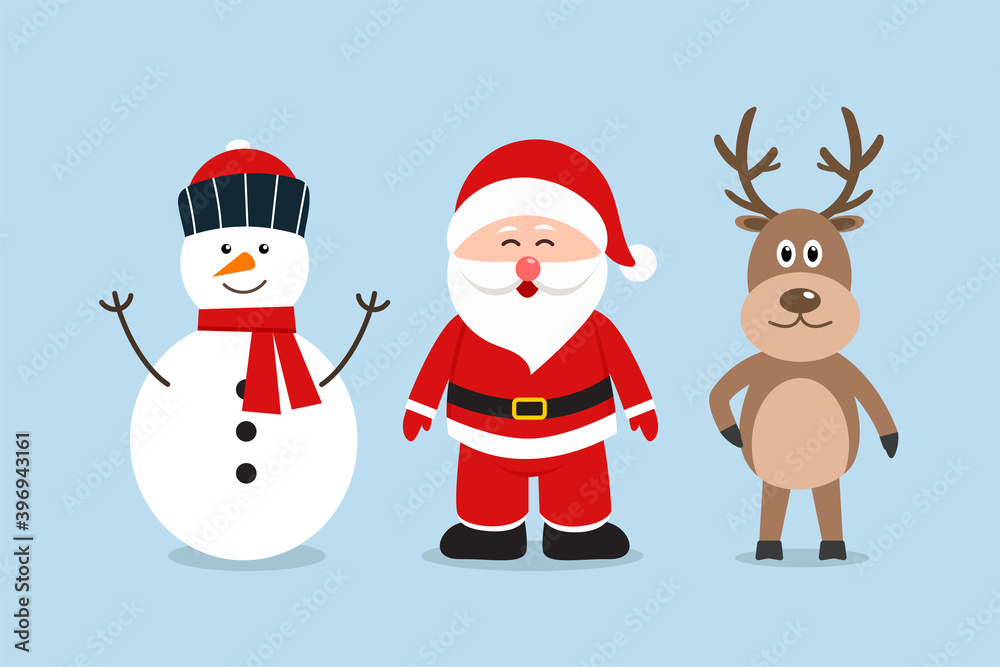 Merry Christmas. Santa Claus, snowmen and reindeer in a flat design. Vector illustration