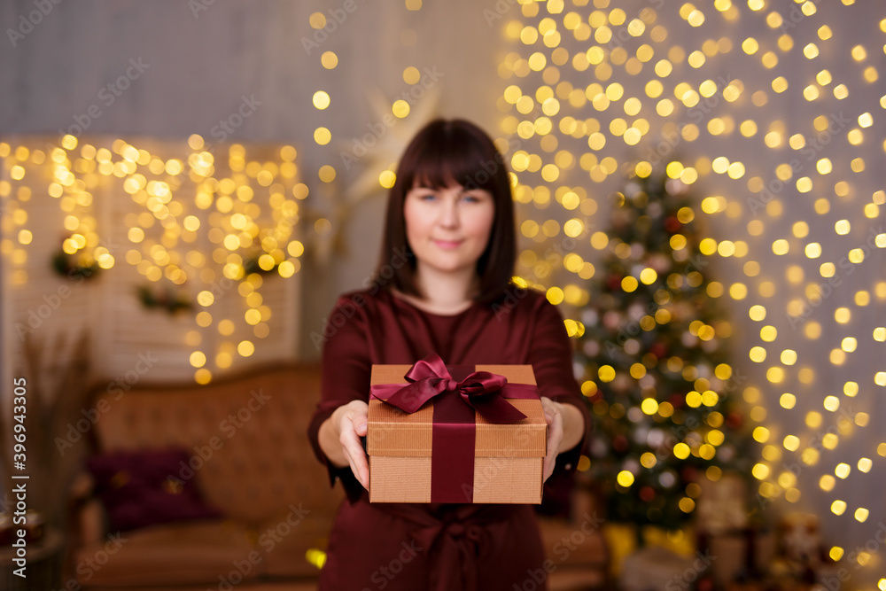 portrait of young beautiful woman giving Christmas present in decorated living room with Christmas tree and festive led lights portrait of young beautiful woman giving Christmas present in decorated living room with Christmas tree and festive led lights