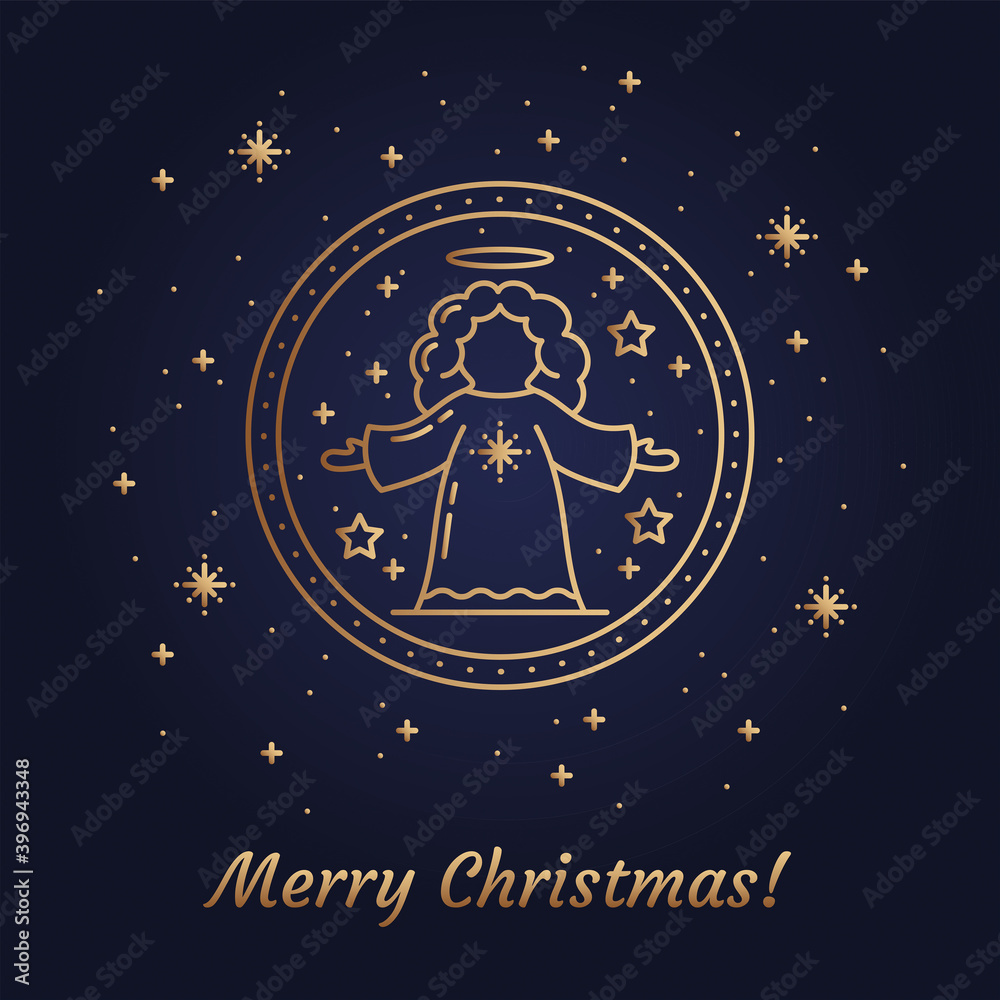 Naklejka premium Vector Golden illustration of Christmas symbol Native Angel Icon and Emblem concept. Flat vector Sign, Outline illustration Isolated on Gradient Background from Magic navy blue to black and Snowflakes