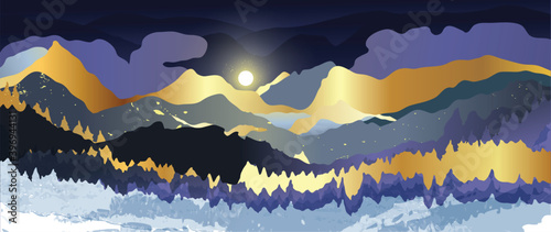Gold mountain wallpaper design with landscape line arts, Golden luxury background design for cover, invitation background, packaging design, wall arts, fabric, and print. Vector illustration.
