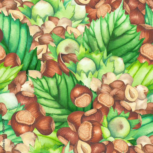 Watercolor seamless pattern of hazelnut leaves and nuts.
