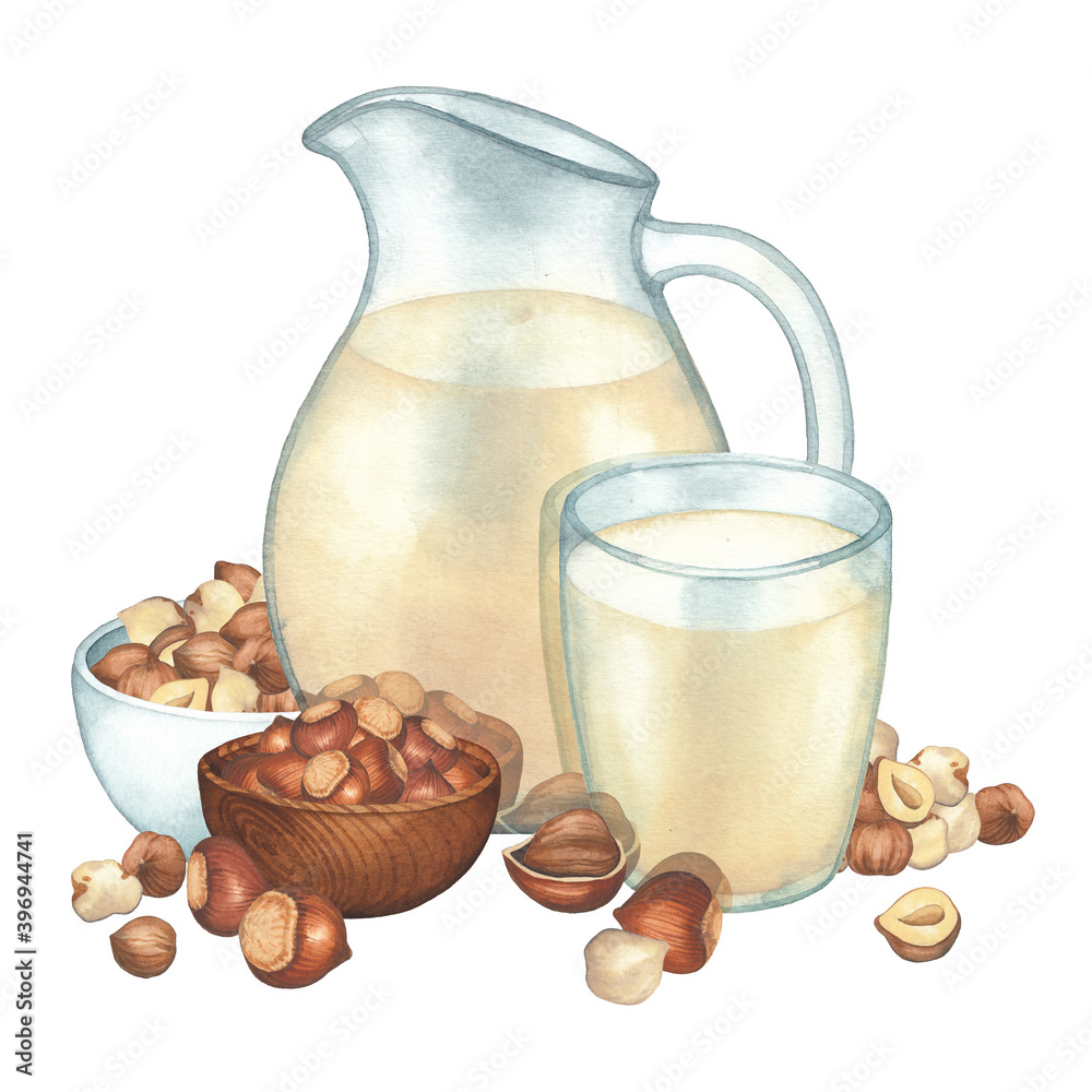 Watercolor glass and pitcher of the plant based milk decorated with the bowls of hazelnuts Watercolor glass and pitcher of the plant based milk decorated with the bowls of hazelnuts