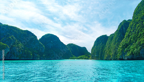 Wide screen sea beach and background cliff mountain with cloudy sky , Maya beach local area in Krabi Thialand. © athitat