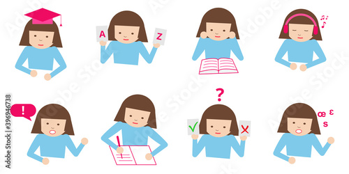 Speaking, writing, vocabulary, reading , grammar, listening, pronunciation, test icons for foreign languages learning. Vector illustration of language icons. Cartoon girl clipart.