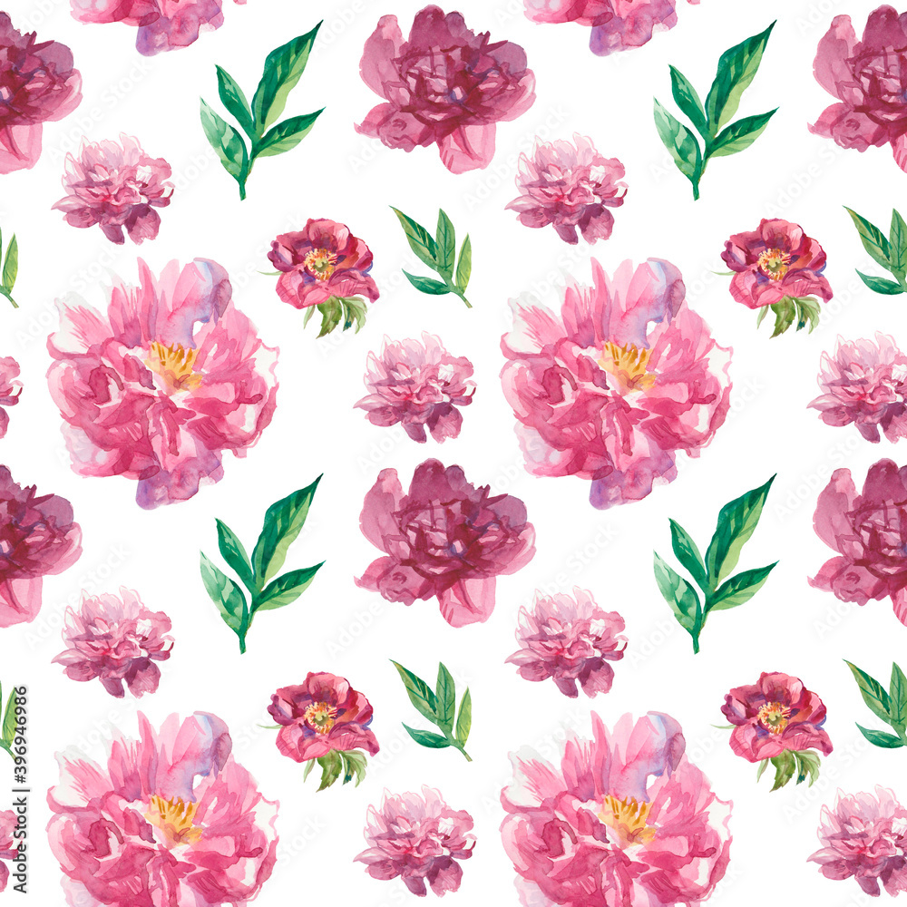 Watercolor seamless pattern with pink peonies and leaves.Floral,botanical,delicate print on white isolated background hand drawn.Design for wallpaper,textiles,packaging,invitations,wrapping paper.