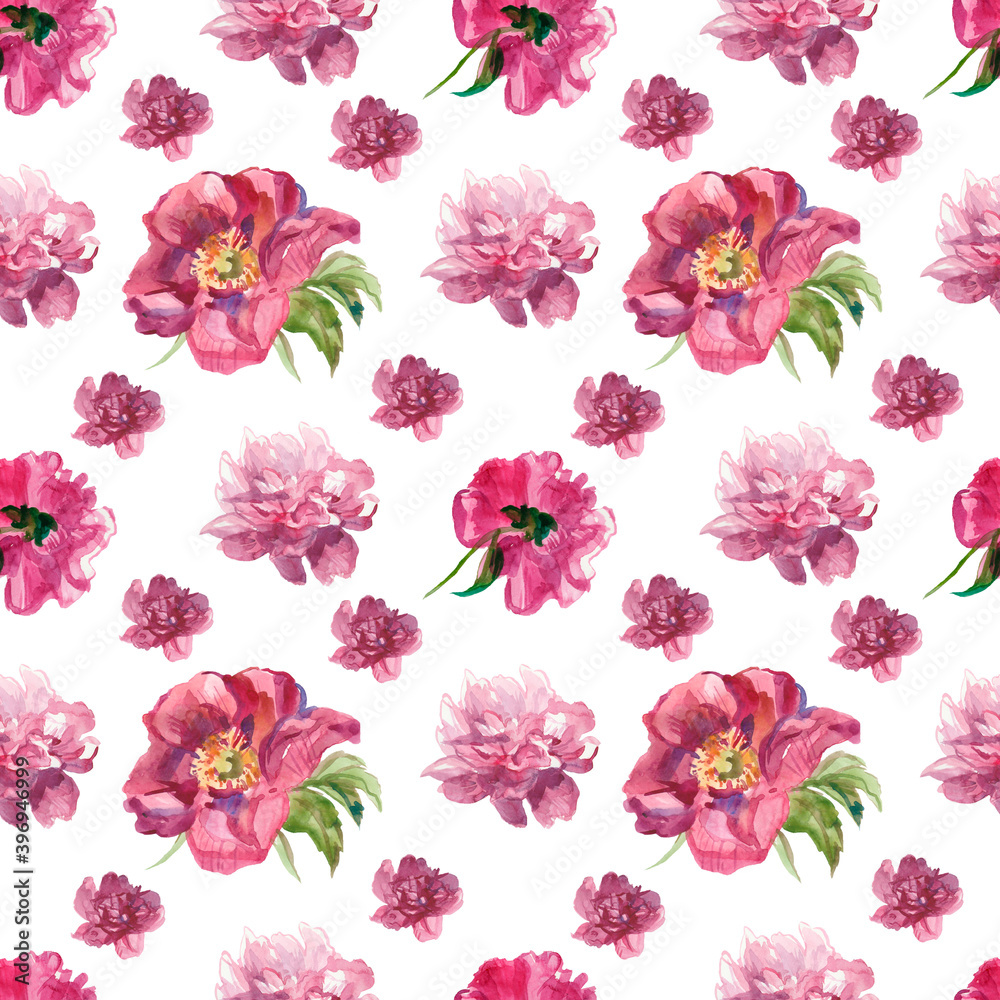 Watercolor seamless pattern with pink peonies and leaves.Floral,botanical,delicate print on white isolated background hand drawn.Design for wallpaper,textiles,packaging,invitations,wrapping paper.