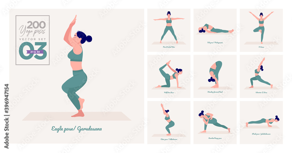 set of yoga poses. Young woman practicing Yoga pose. Woman workout fitness, aerobic and exercises. Vector Illustration.