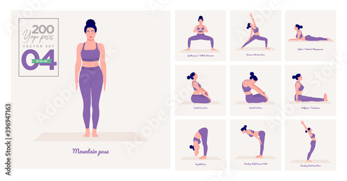 set of yoga poses. Young woman practicing Yoga pose. Woman workout fitness, aerobic and exercises. Vector Illustration.